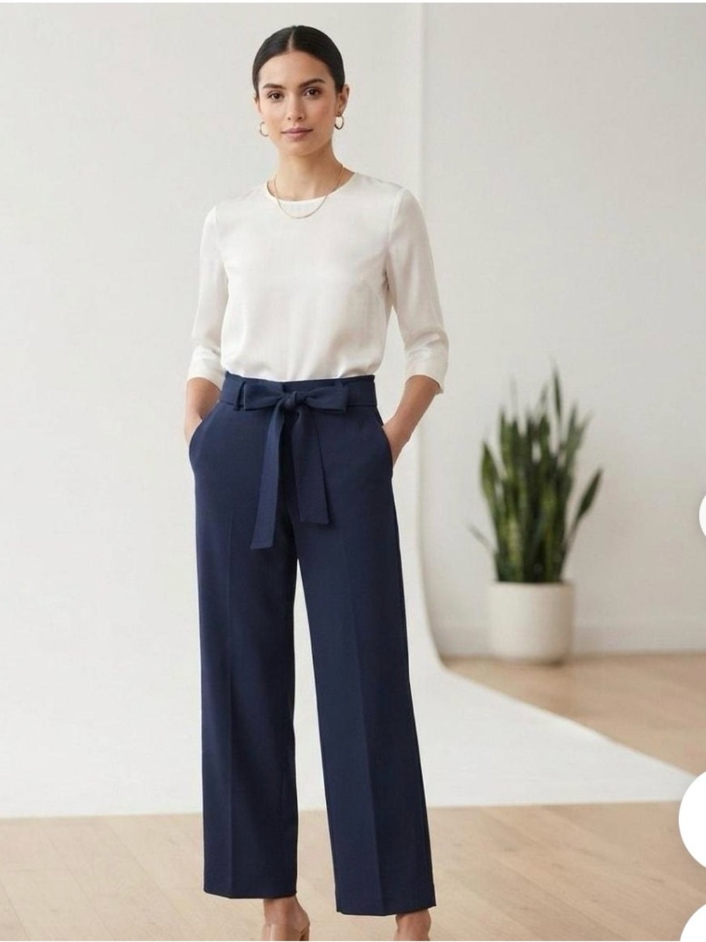 Quince Navy Crepe Paperbag Wide Leg Trousers. NWT